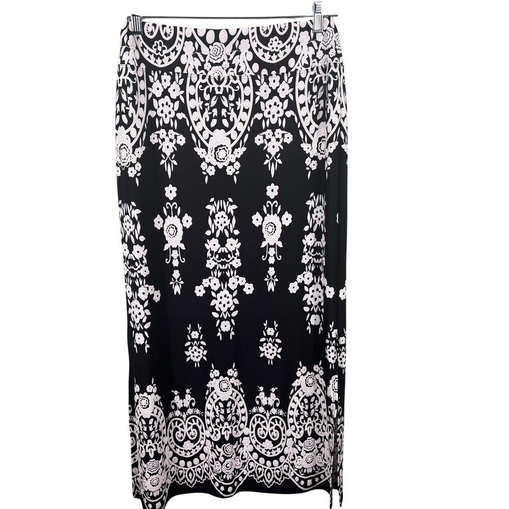 Coco Bianco Maxi Skirt Womens M Black White Excellent Floral Damask Side Slit